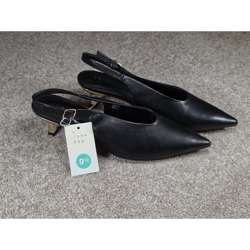 A New Day Samantha Black Slingback Pointed Toe Kitten Heels Gold Detail 9.5 NEW